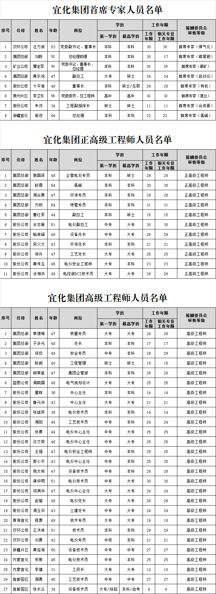 宜化集團(tuán)首席專家、正高級工程師、高級工程師評審結(jié)果公示